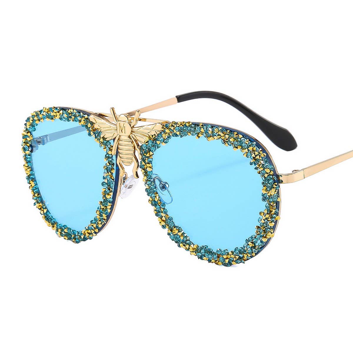DIAMOND-STUDDED RETRO METAL LARGE FRAME SUNGLASSES