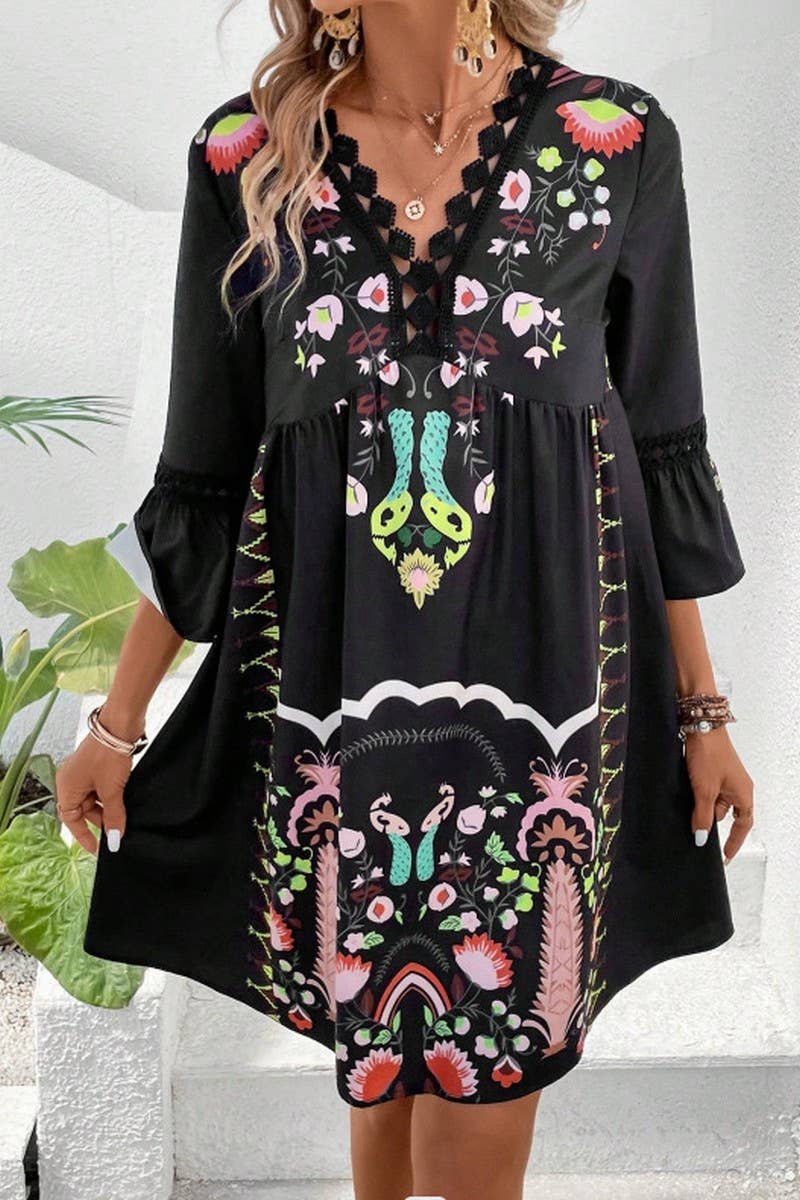 CWDSD8671_SUMMER V-NECK LACE STITCHING CASUAL DRESS