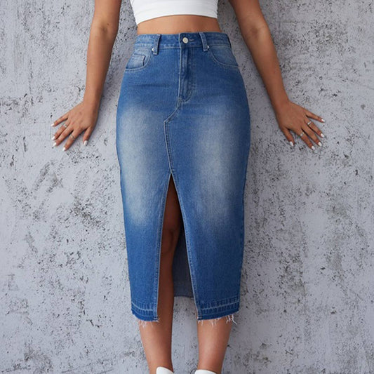 SPLIT HIP WRAP A-LINE SKIRT TREND BLUE SKIRT