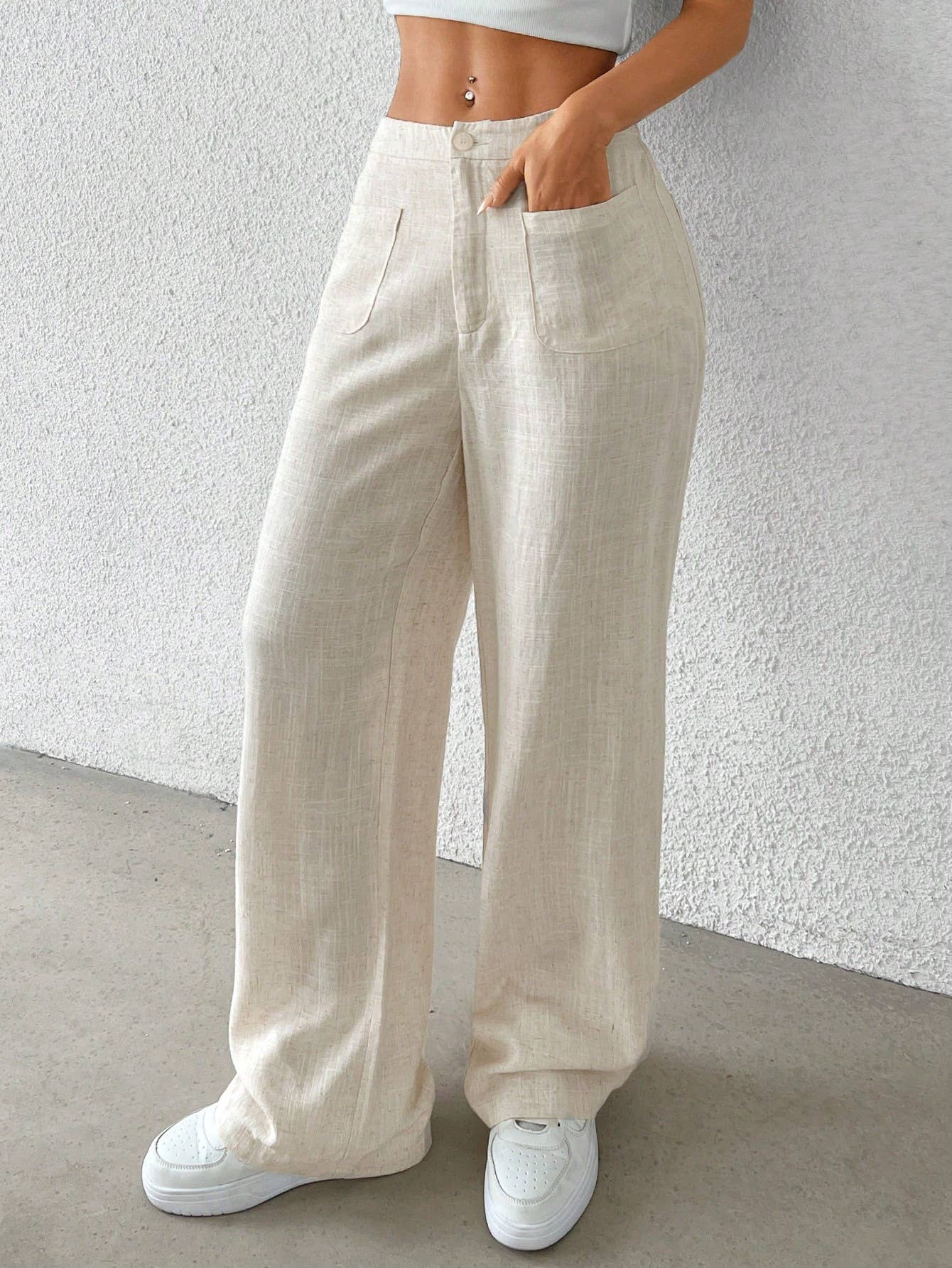 Cotton and linen solid-color elastic waist pants