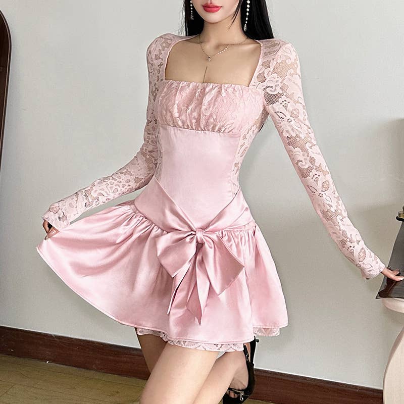 LACE PATCHWORK PLEATED BOW SQUARE COLLAR DRESS