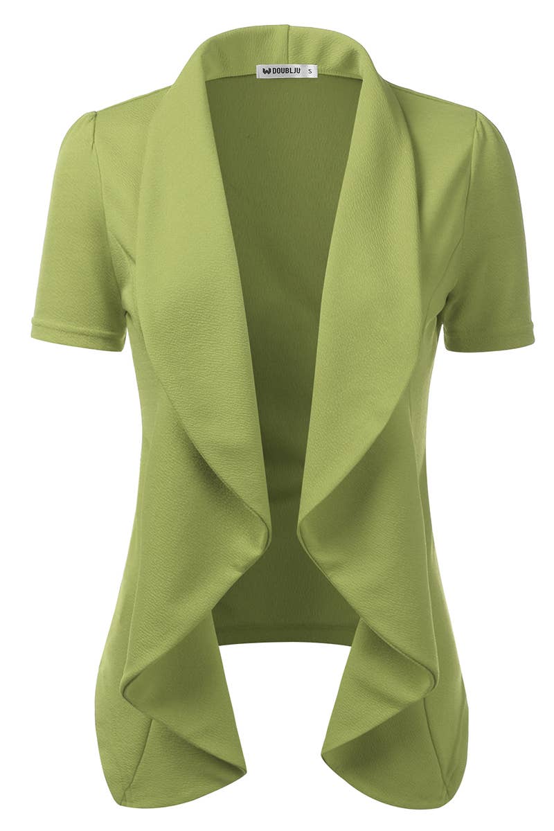 CWOBL095_Short Sleeve Open Front Draped Ruffles Blouses