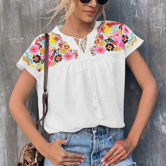 EMBROIDERED TASSEL TIED COLLAR BLOUSE