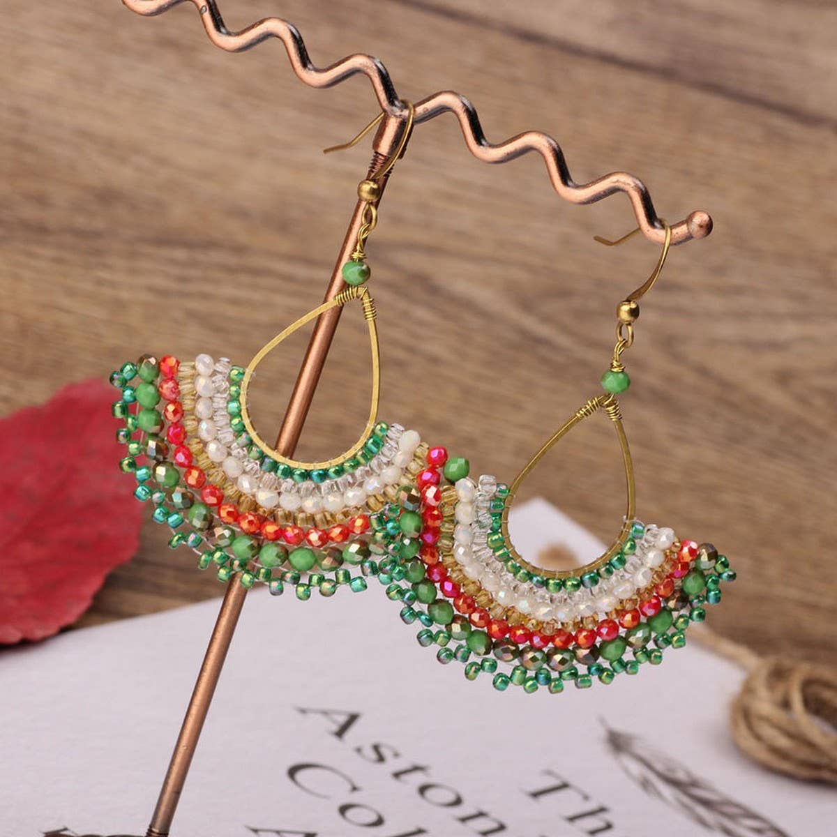 FASHIONABLE HAND-WOVEN GREEN FAN EARRINGS