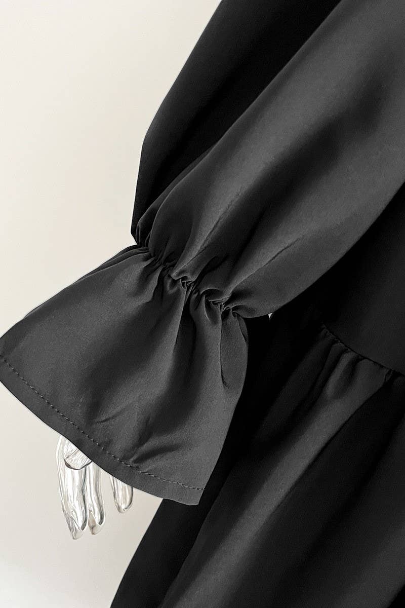 CWDMD4822_RUFFLED SQUARE NECK TRUMPET SLEEVE SWING DRESS