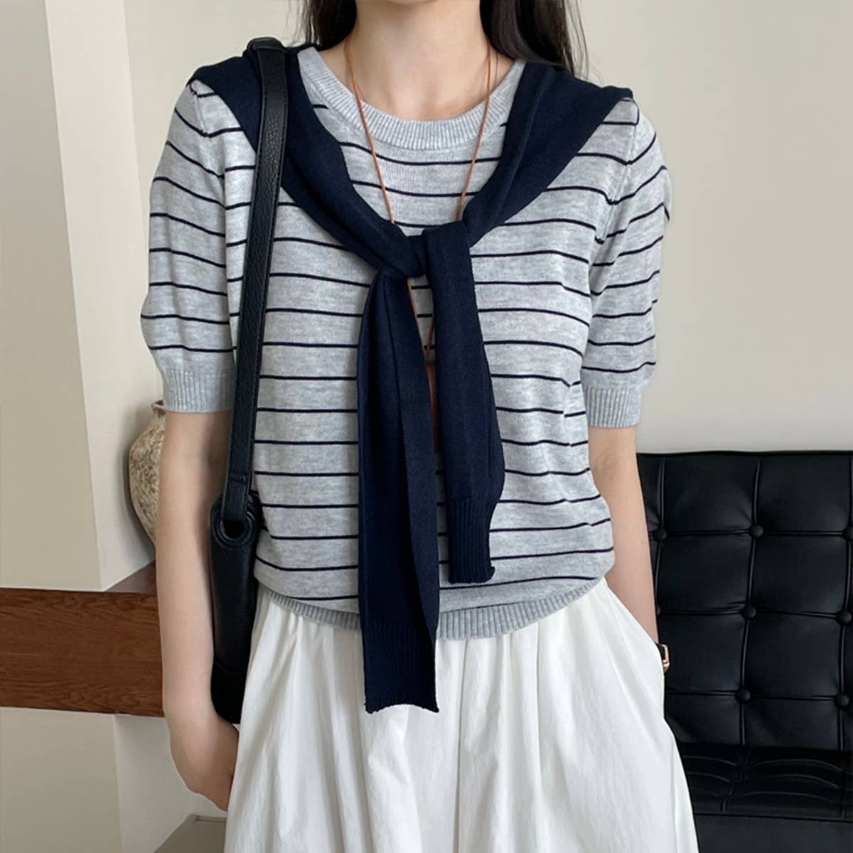Literary cape striped knitted blouse two-piece set