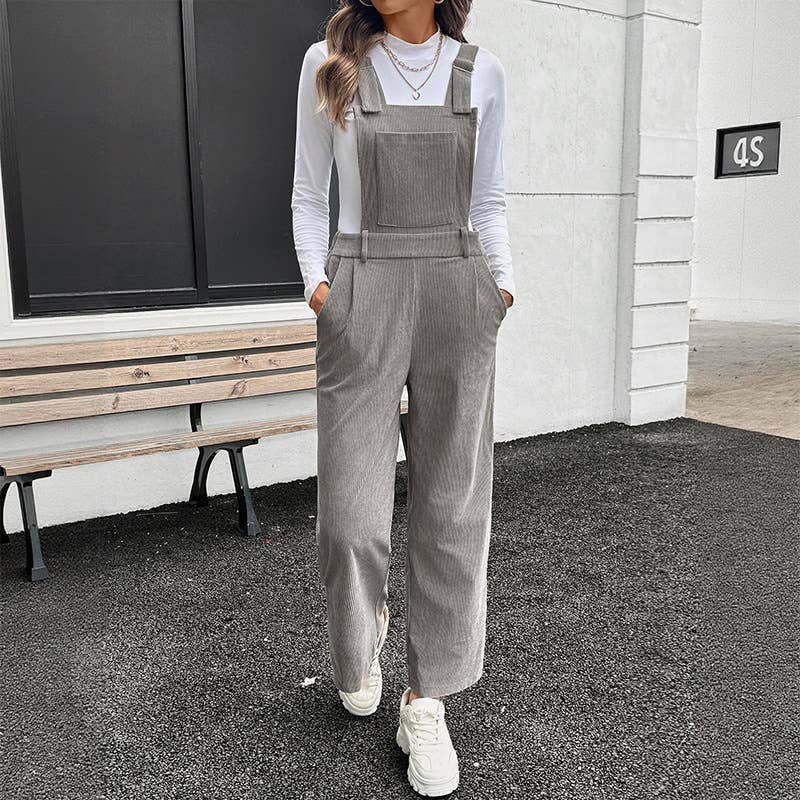 Solid-color basic corduroy adjustable overalls