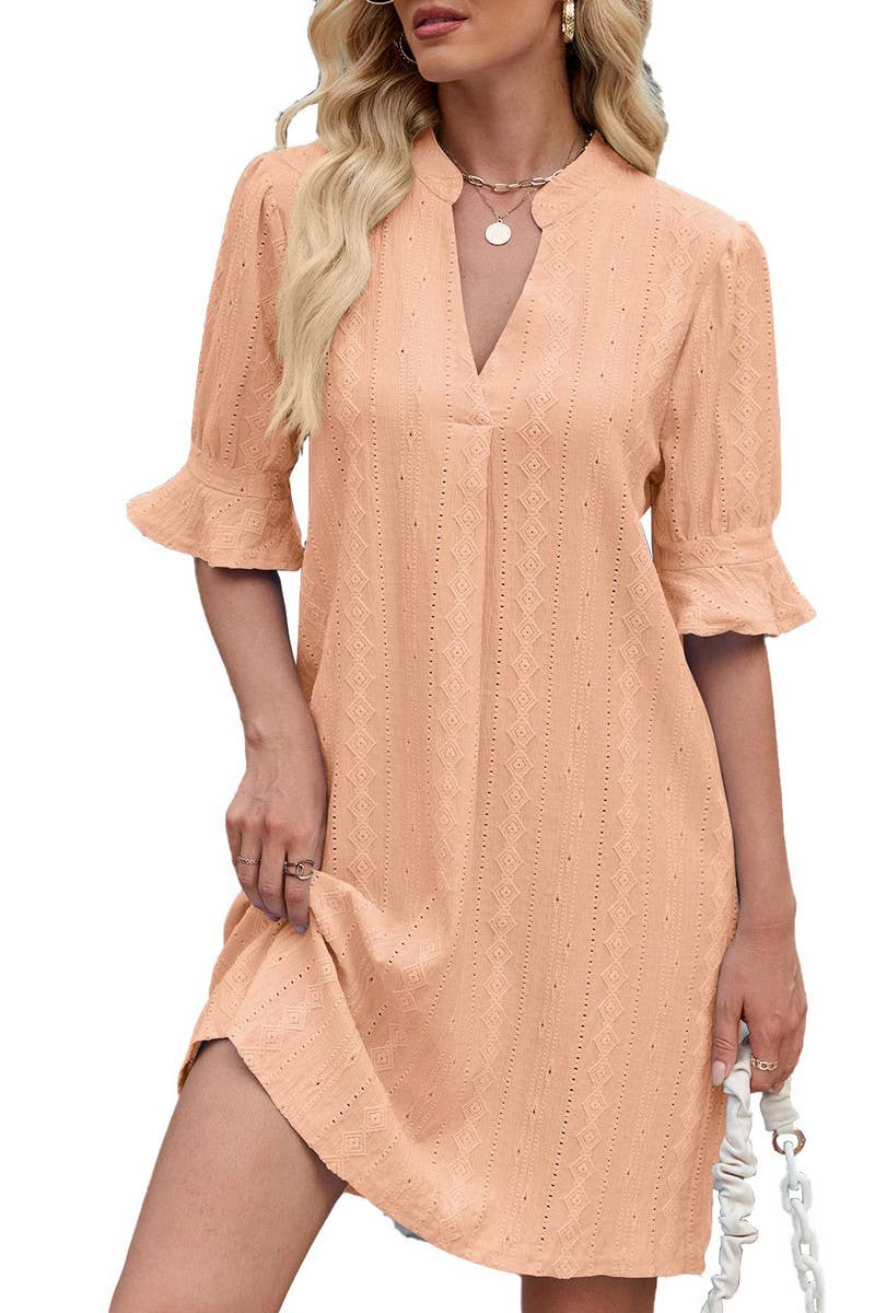 CWDSD7277_V-NECK CASUAL TRUMPET SLEEVE SHORT-SLEEVED DRESS