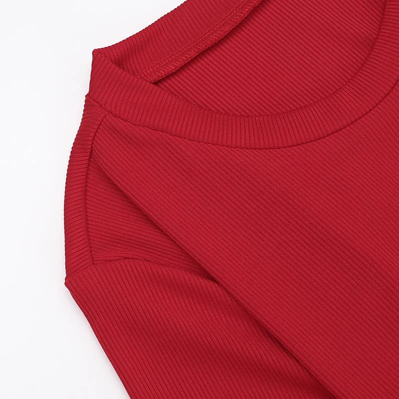 KNIT CREW NECK SPLIT LONG SLEEVE HALTER DRESS