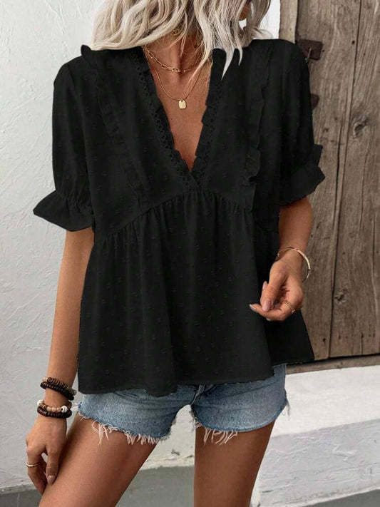 V-neck casual ruffled short-sleeved T-shirt
