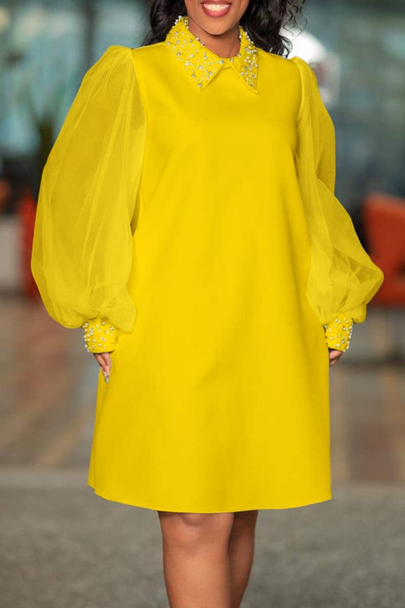 CWDSD6395_FALL MESH SEE-THROUGH BEADED LONG-SLEEVED DRESS