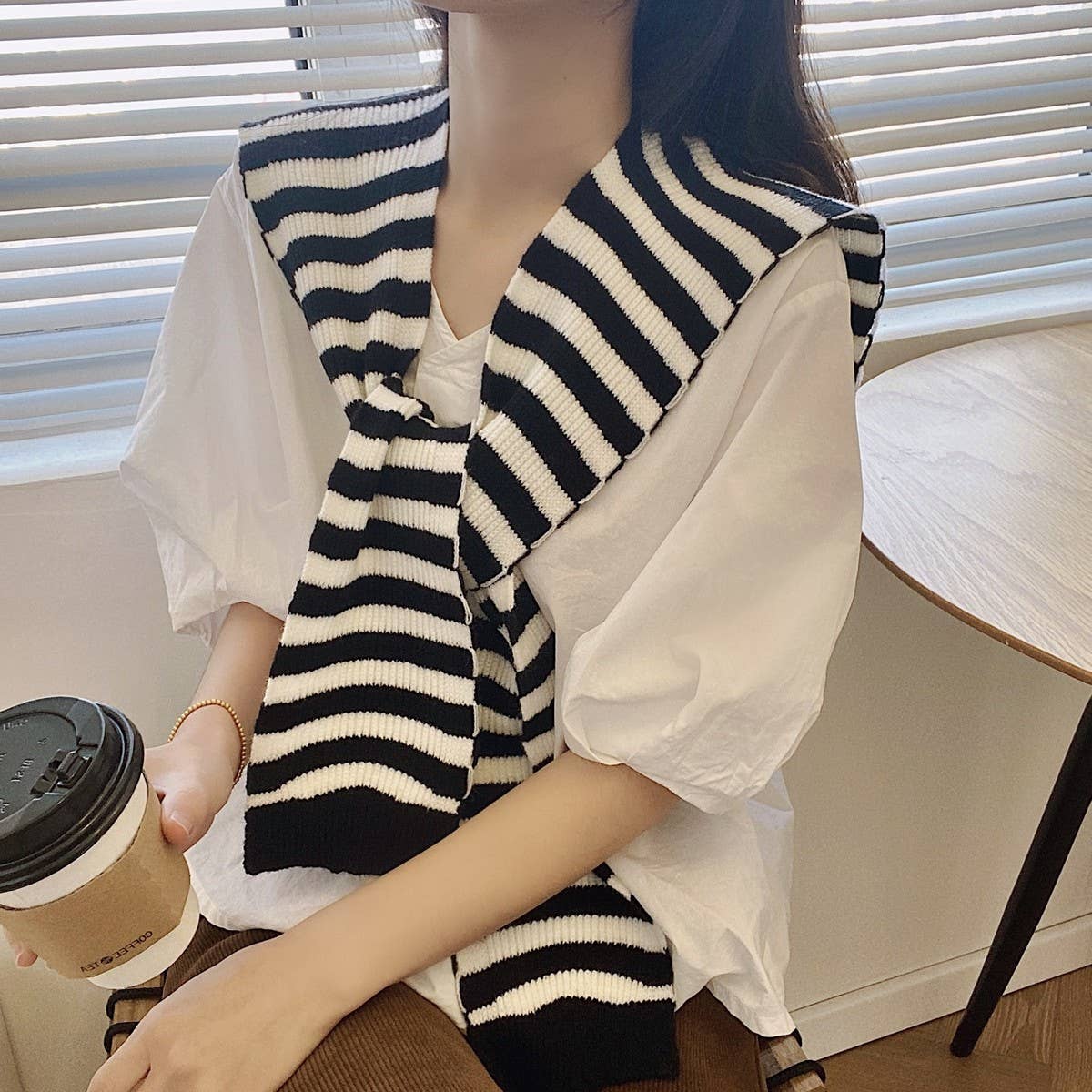 CWASC03127_STRIPED KNIT PONCHO SHAWL FOR WOMEN