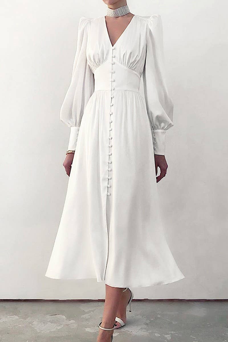 CWDMD4255_V-NECK SATIN PALACE RETRO LONG SLEEVE DRESS