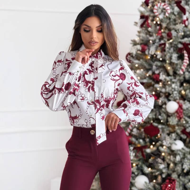 SIMPLE ALL-IN-ONE PRINTED LONG-SLEEVED BOW SHIRT