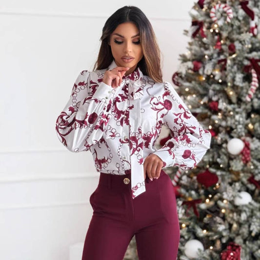 SIMPLE ALL-IN-ONE PRINTED LONG-SLEEVED BOW SHIRT