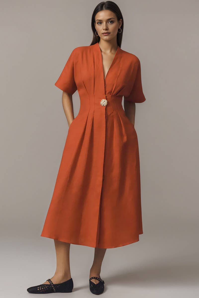 CWDMD6412_V-NECK BUTTON FRONT SPLIT HEM SHIRT DRESS