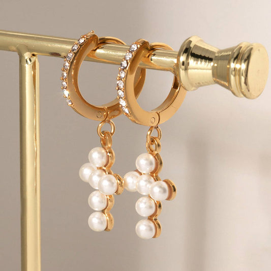 18K GOLD INLAID RHINESTONE PEARL CROSS EARRINGS_CWAHA0898