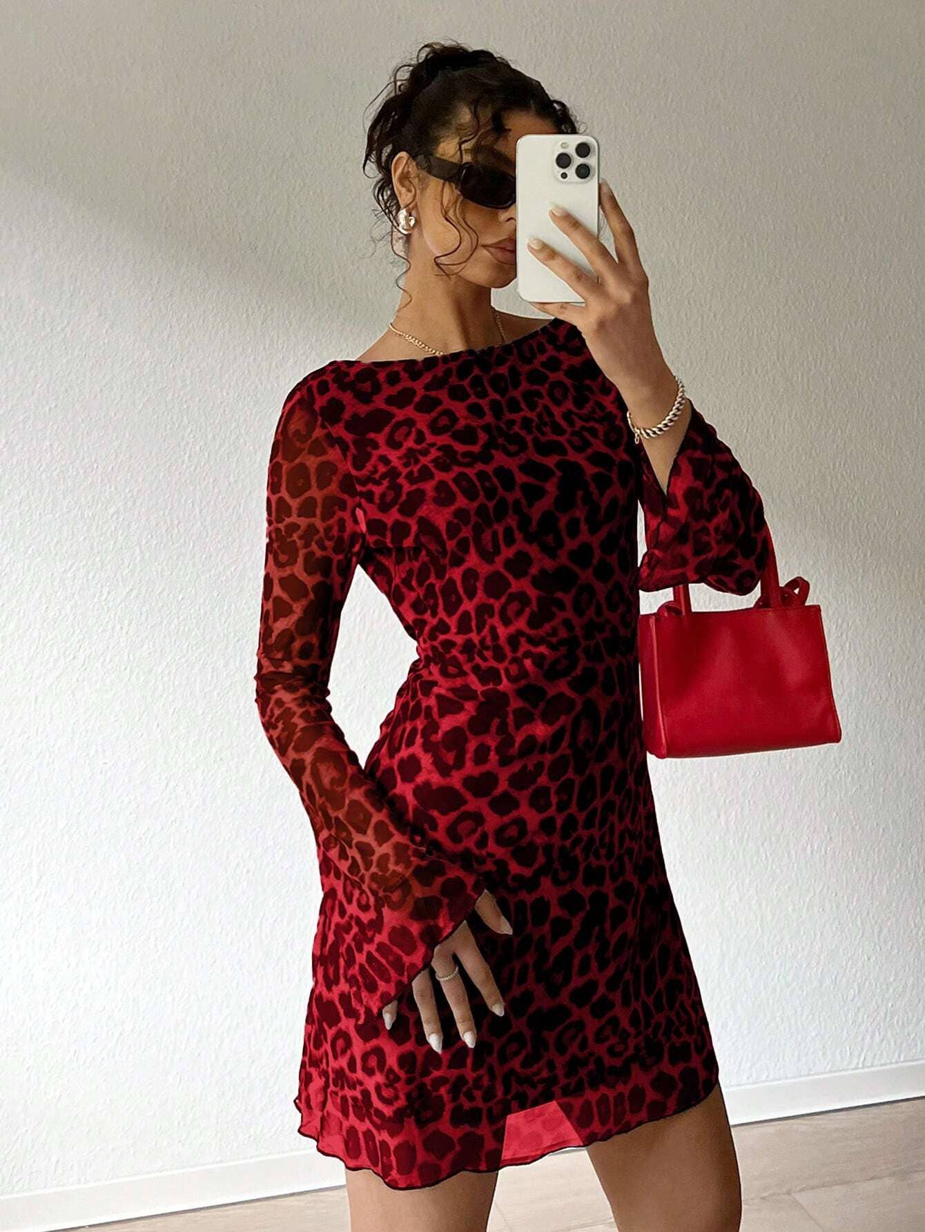Leopard print mesh short sexy slim backless dress