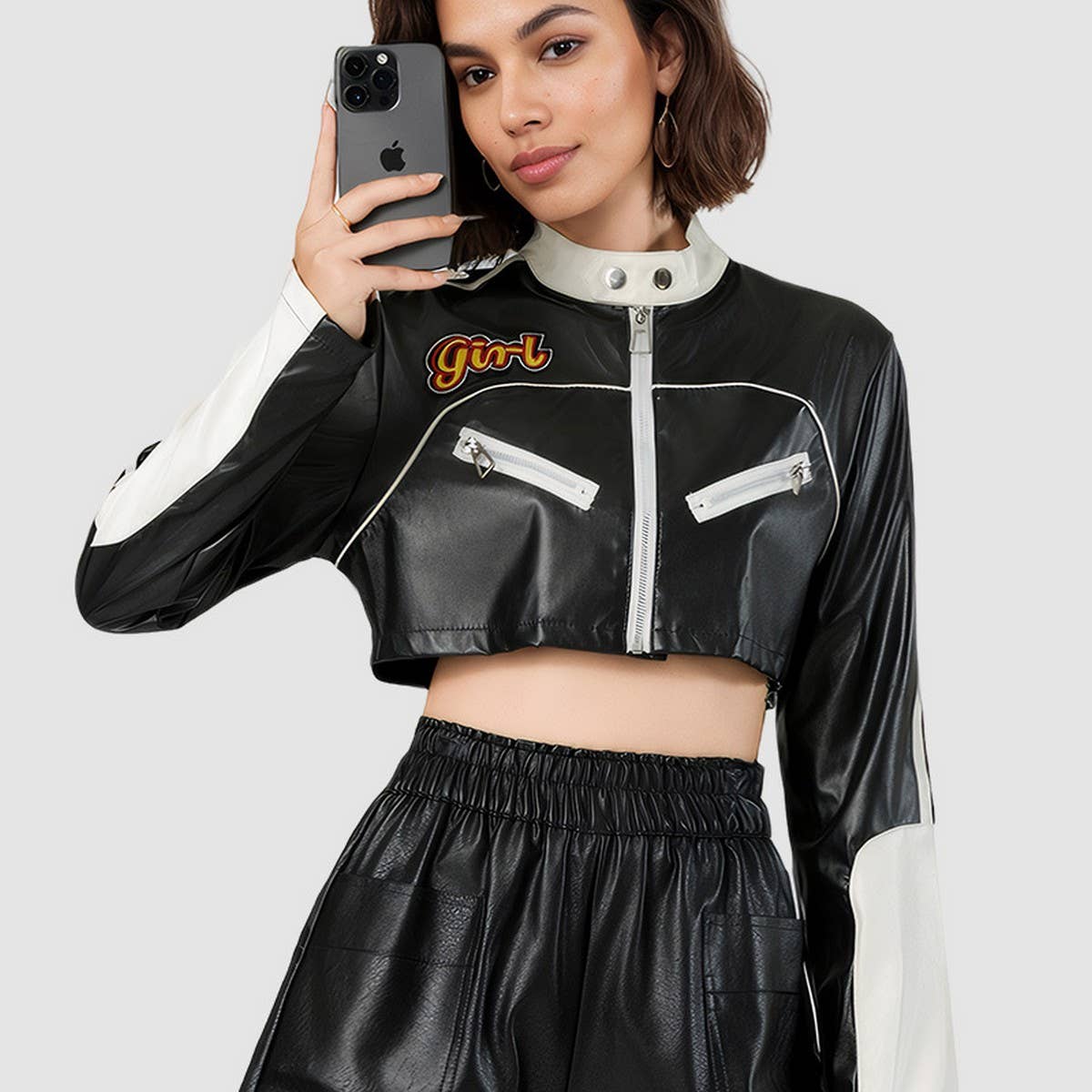 Colorblock Biker PU Jacket ? Trendy Women¡¯s Coat