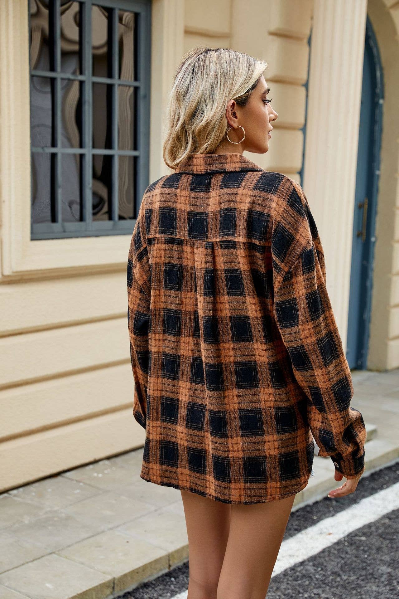 Lapel brushed striped long-sleeved plaid shirt