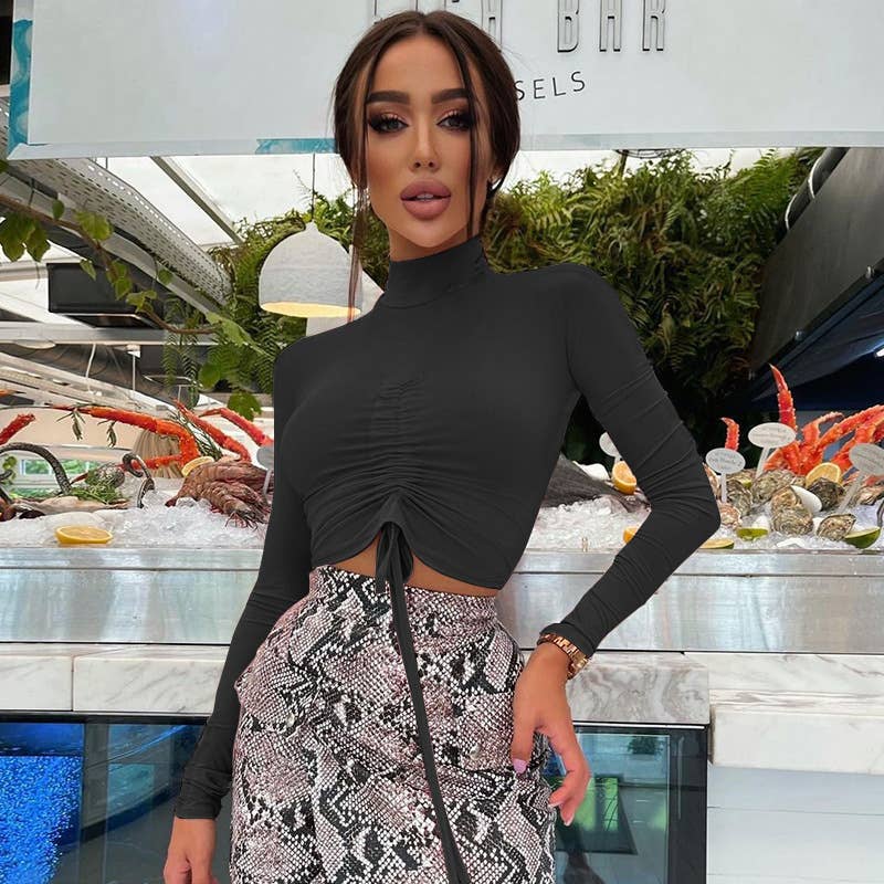 FASHION PLEATED MIDRIFF HALF-NECK T-SHIRT