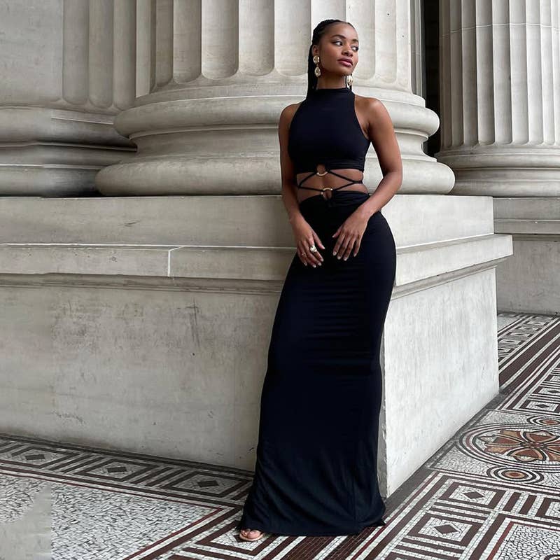 SEMI-HIGH NECK SEXY MIDRIFF HIP WRAP SLIM DRESS