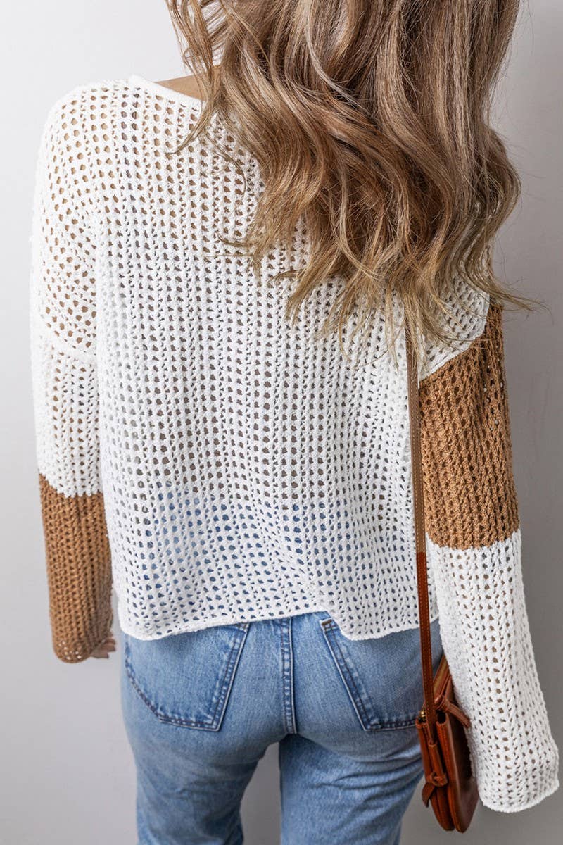 CWOSWL07429_V NECK COLORBLOCK HOLLOW OUT KNIT SWEATER