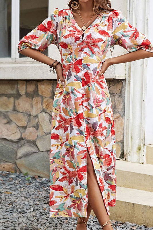 CWDMD2364_V-NECK FLORAL PRINT DRESS