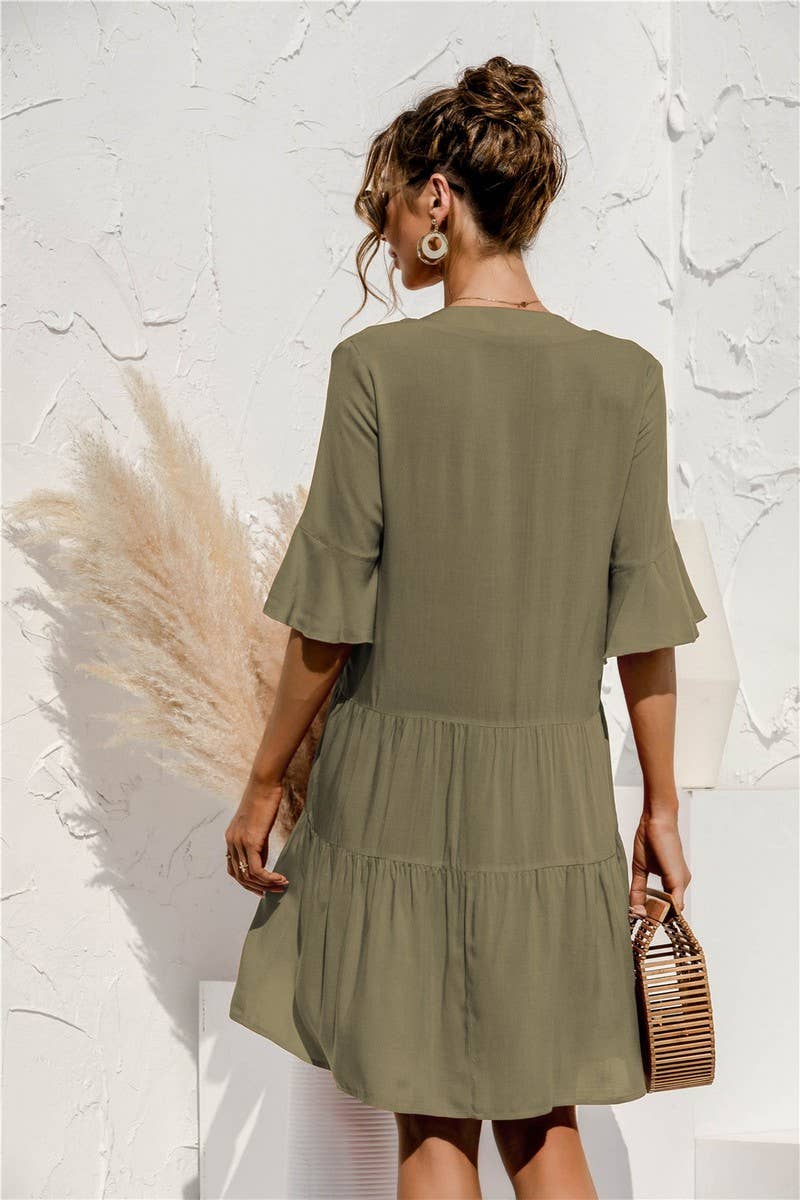 V NECK FLARED SLEEVE PATCHWORK DRESS_CWDSD2463