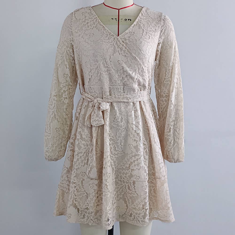 V-NECK STYLE LACE-UP LONG-SLEEVED DRESS