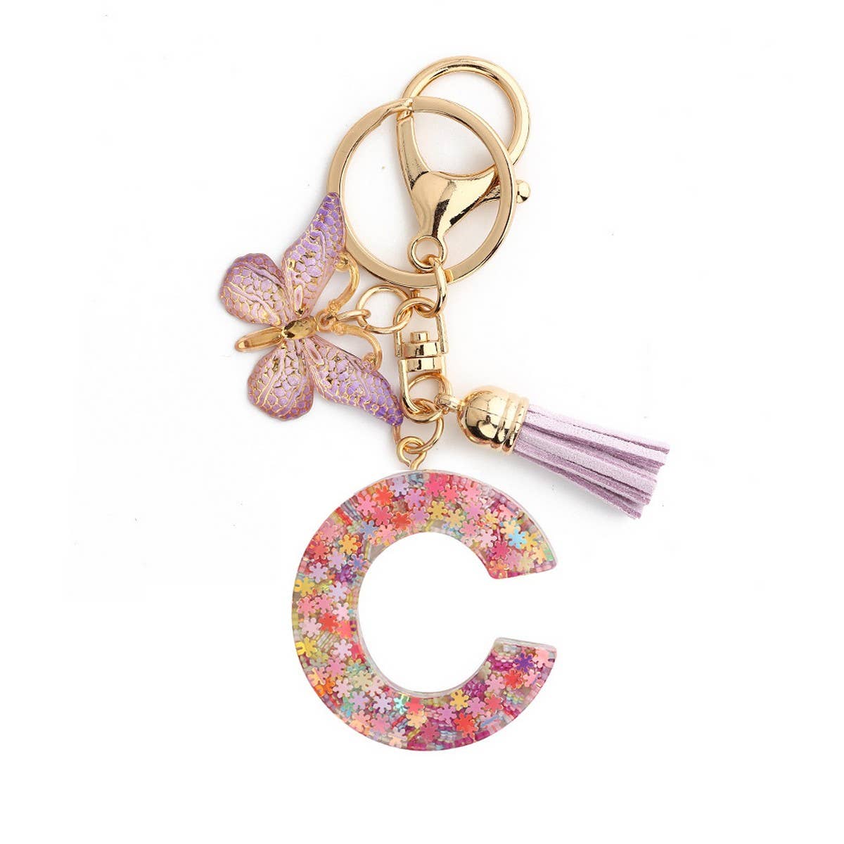 Pink Snowflake Letter Butterfly Keychain_CWMM6865