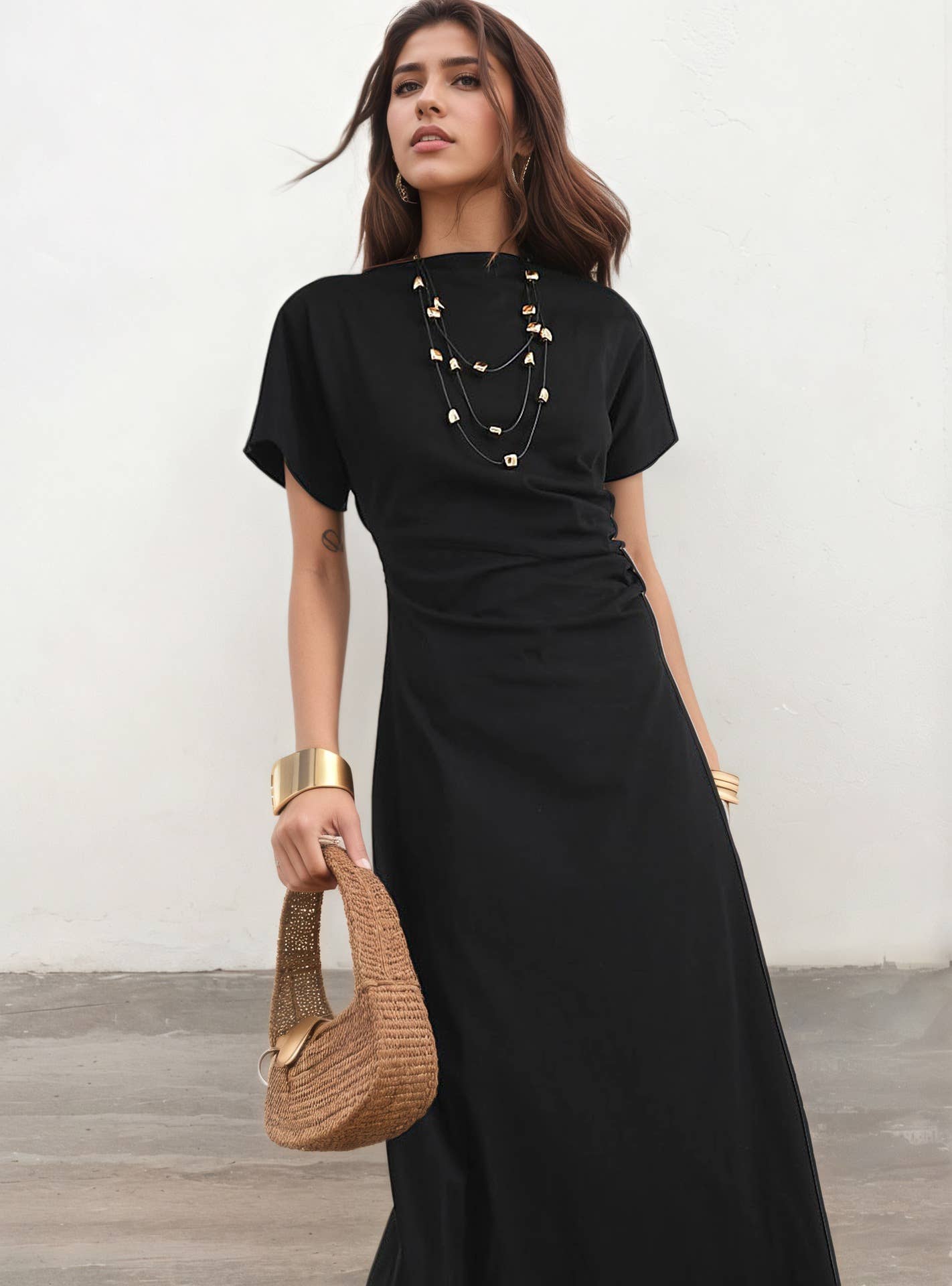 Pleated cinched waists retro style long dress