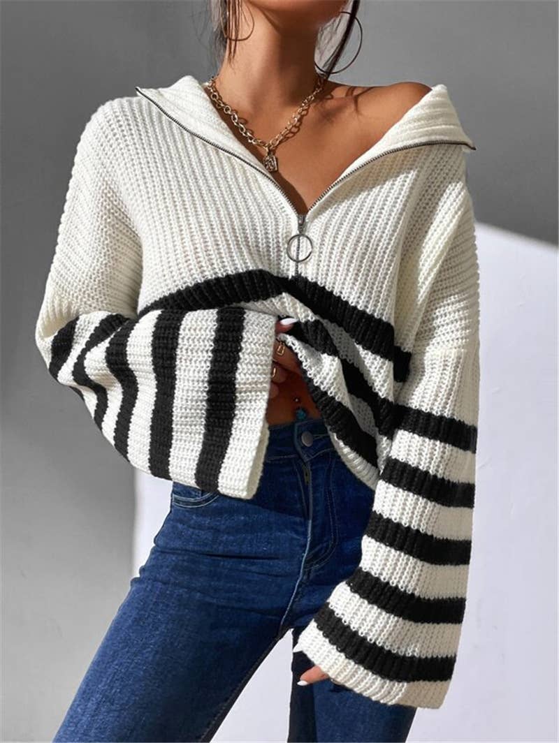 Striped color-blocking stand-up knitted sweater