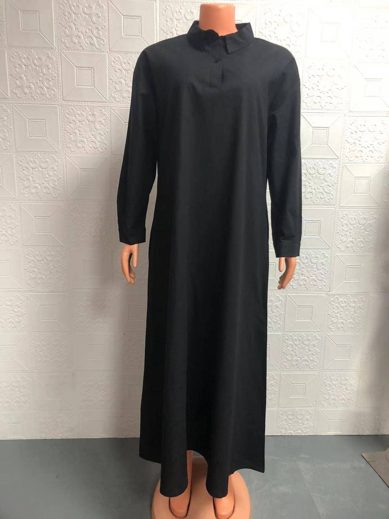 Retro long-sleeved lapel loose wide-hem dress