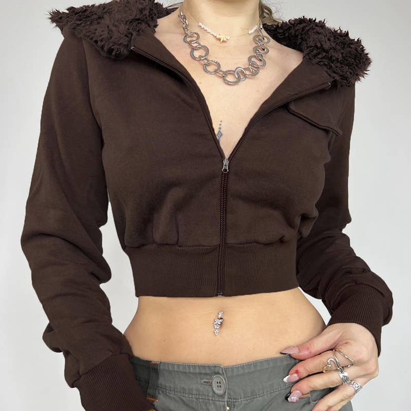 SOLID COLOR LOOSE SIMPLE ZIPPER FURRY JACKET