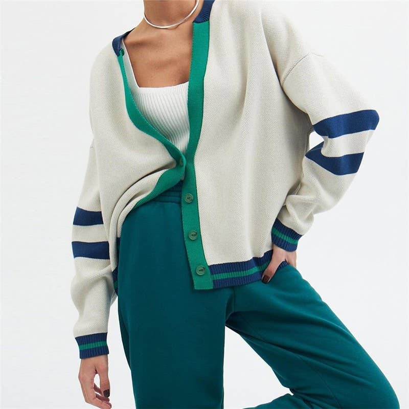 FASHION CONTRAST COLOR CARDIGAN LOOSE SWEATER