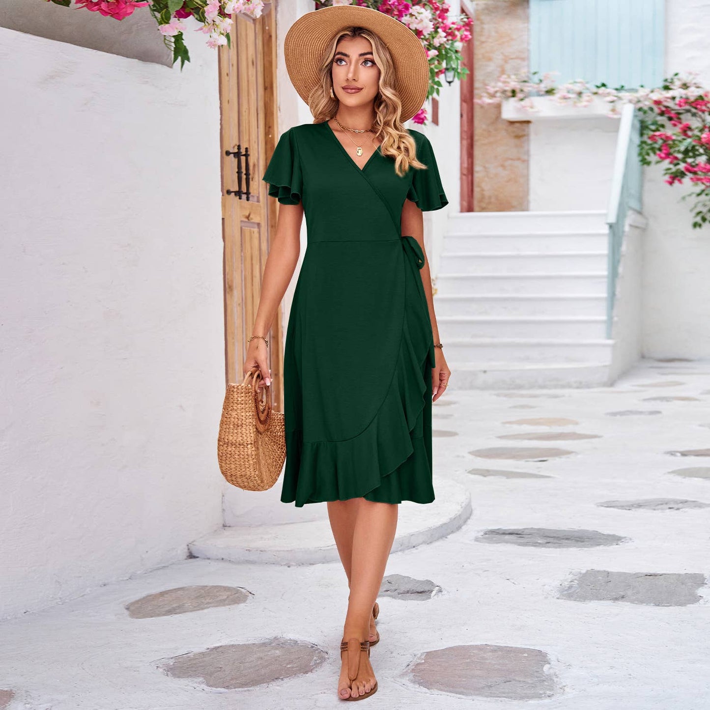 IRREGULAR DRESS WITH CROSSED V-NECK LACE-UP