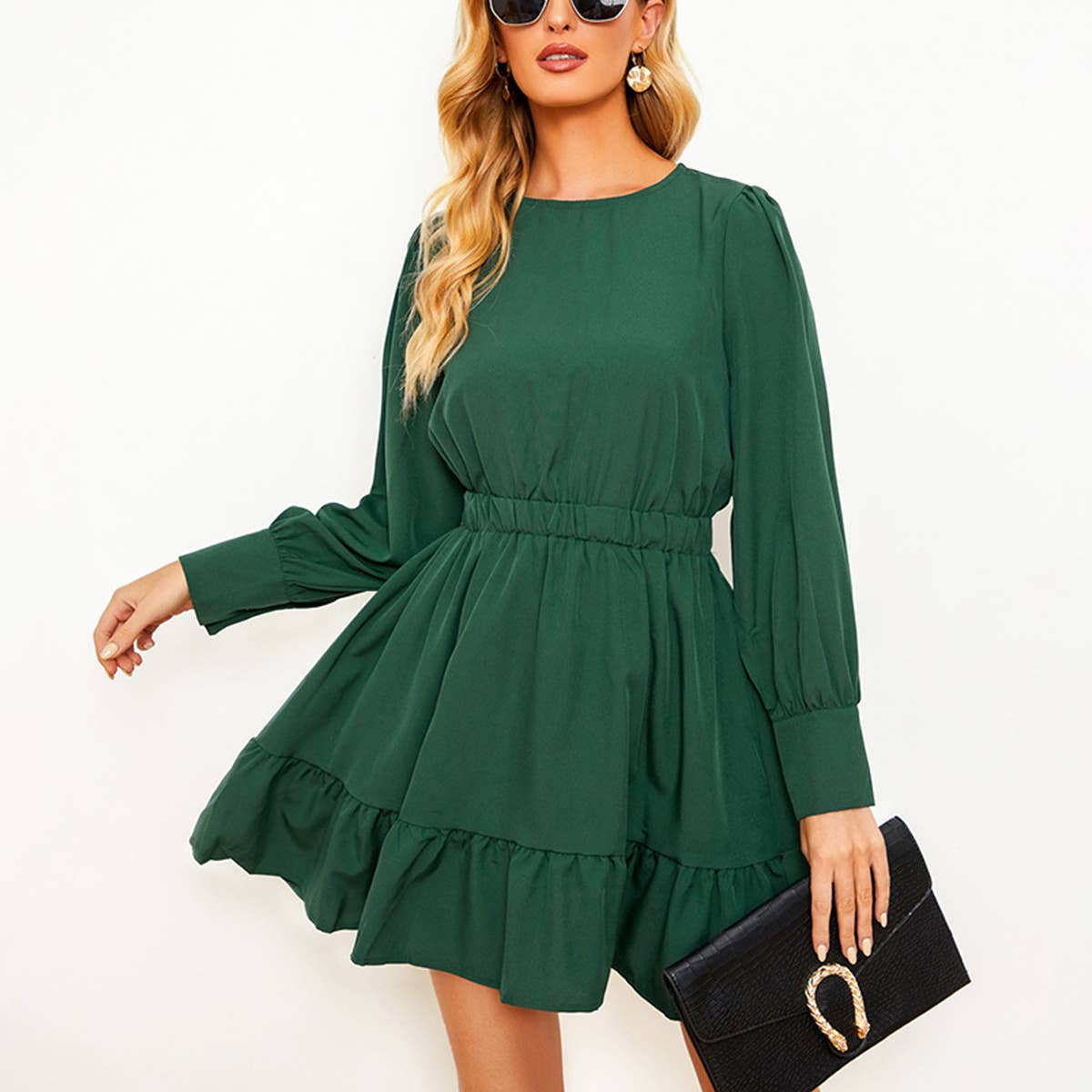 SOLID COLOR PINCHED WAIST LONG SLEEVE DRESS