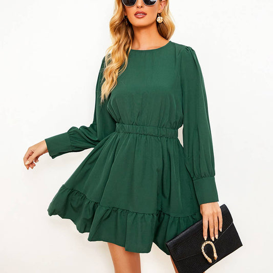 SOLID COLOR PINCHED WAIST LONG SLEEVE DRESS