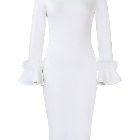 FASHION SOLID COLOR HIPWRAPPED FLARED SLEEVE DRESS_CWDMD3663