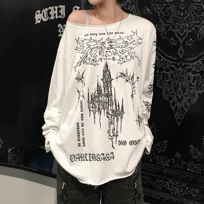 SLIMMING DIAGONAL COLLAR VINTAGE PRINTED T-SHIRT