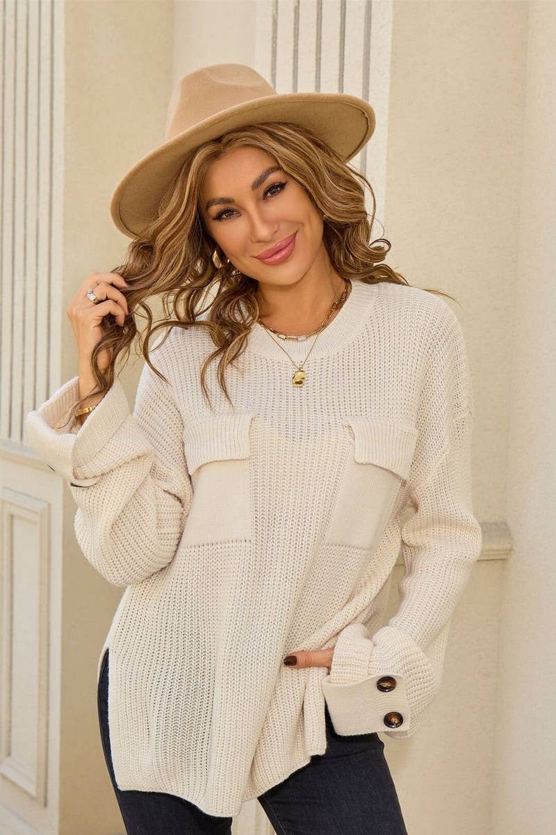 CWOSWL07605_SOLID COLOR LOOSE CREWNECK KNIT SWEATER