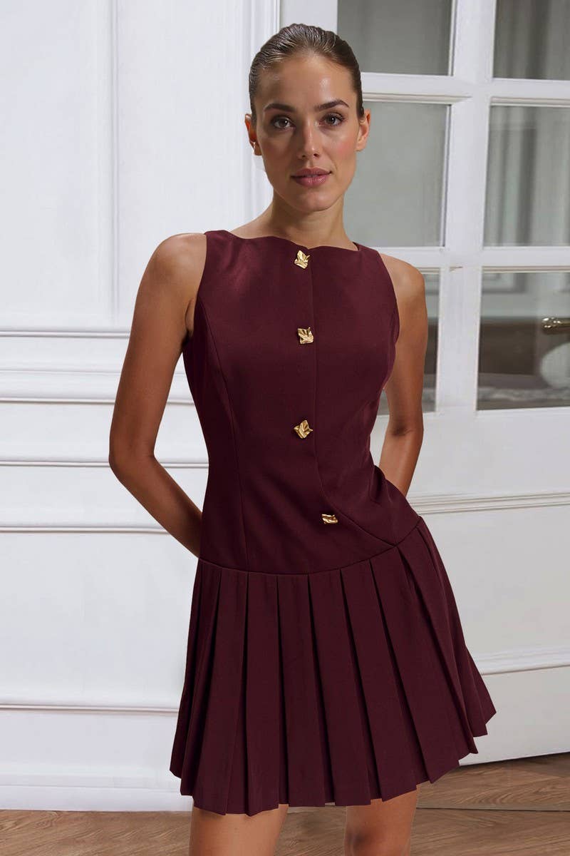 CWDSD8906_SLEEVELESS RUCHED WAIST FLARED MINI DRESS