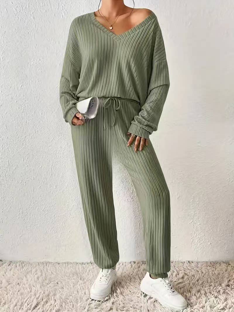 PIT-TRIMMED V-NECK LOOSE LACE-UP TOP PANTS SUIT