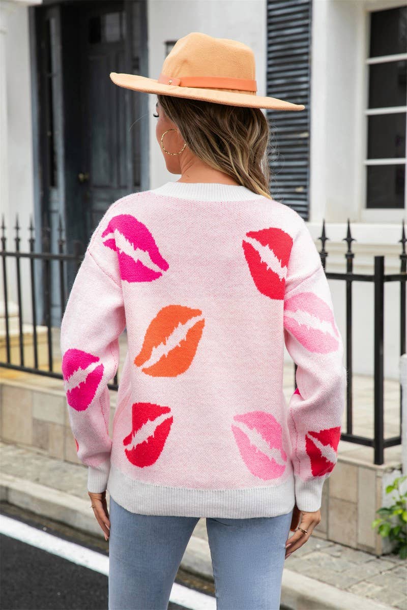 WOMEN LIPS PATTERN V NECK CASUAL SWEATER_CWOSWL1554