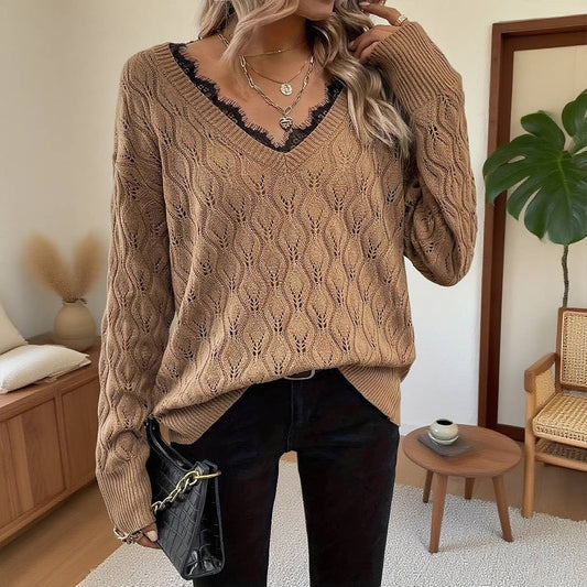 Lace edge patchwork V-neck long-sleeved sweater