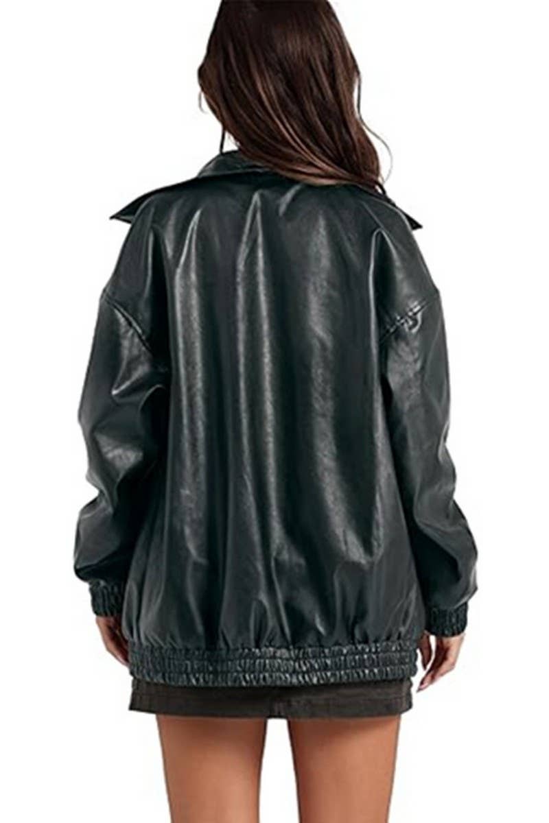 CWOCO1150_LAPEL ZIPPER SIDE POCKET PU LEATHER JACKET