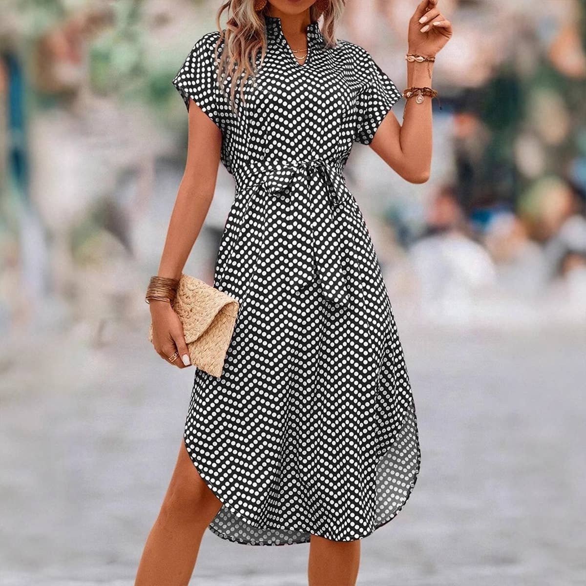 Simple printed short-sleeved long lace-up dress