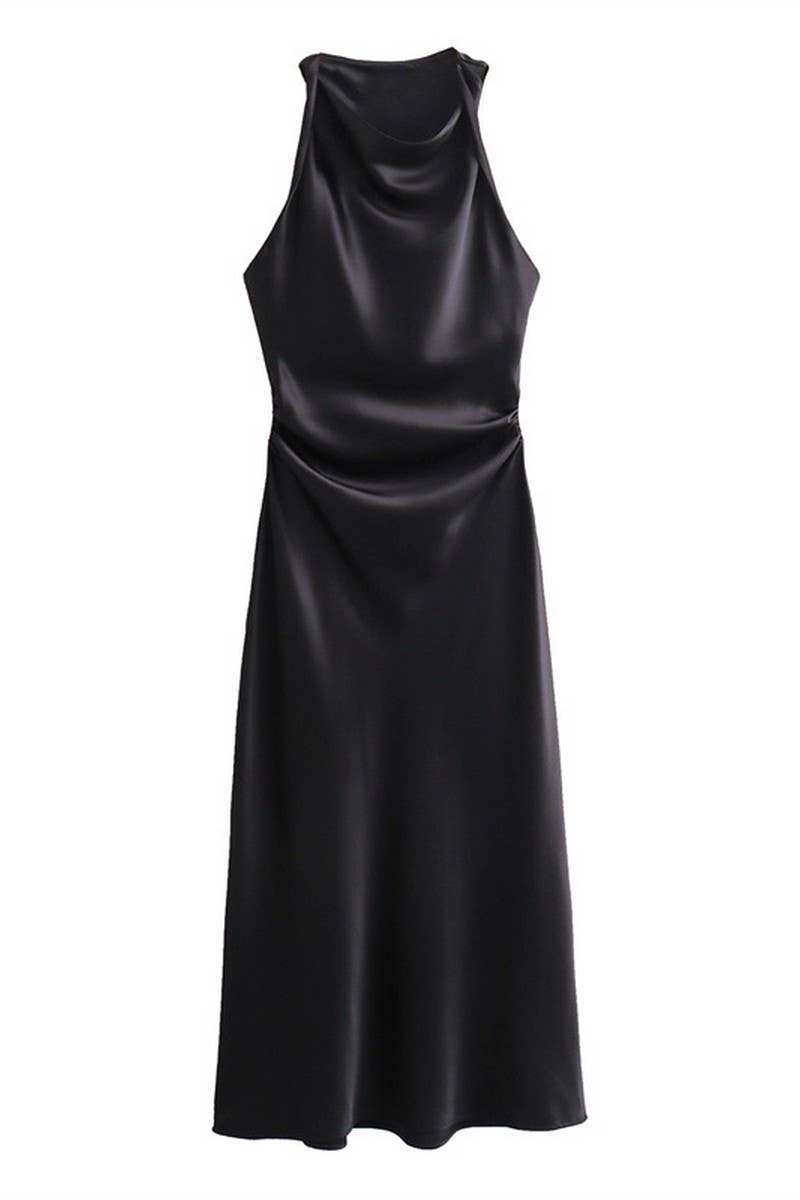CWDMD4173_ROUND NECK SLEEVELESS BLACK SATIN DRESS