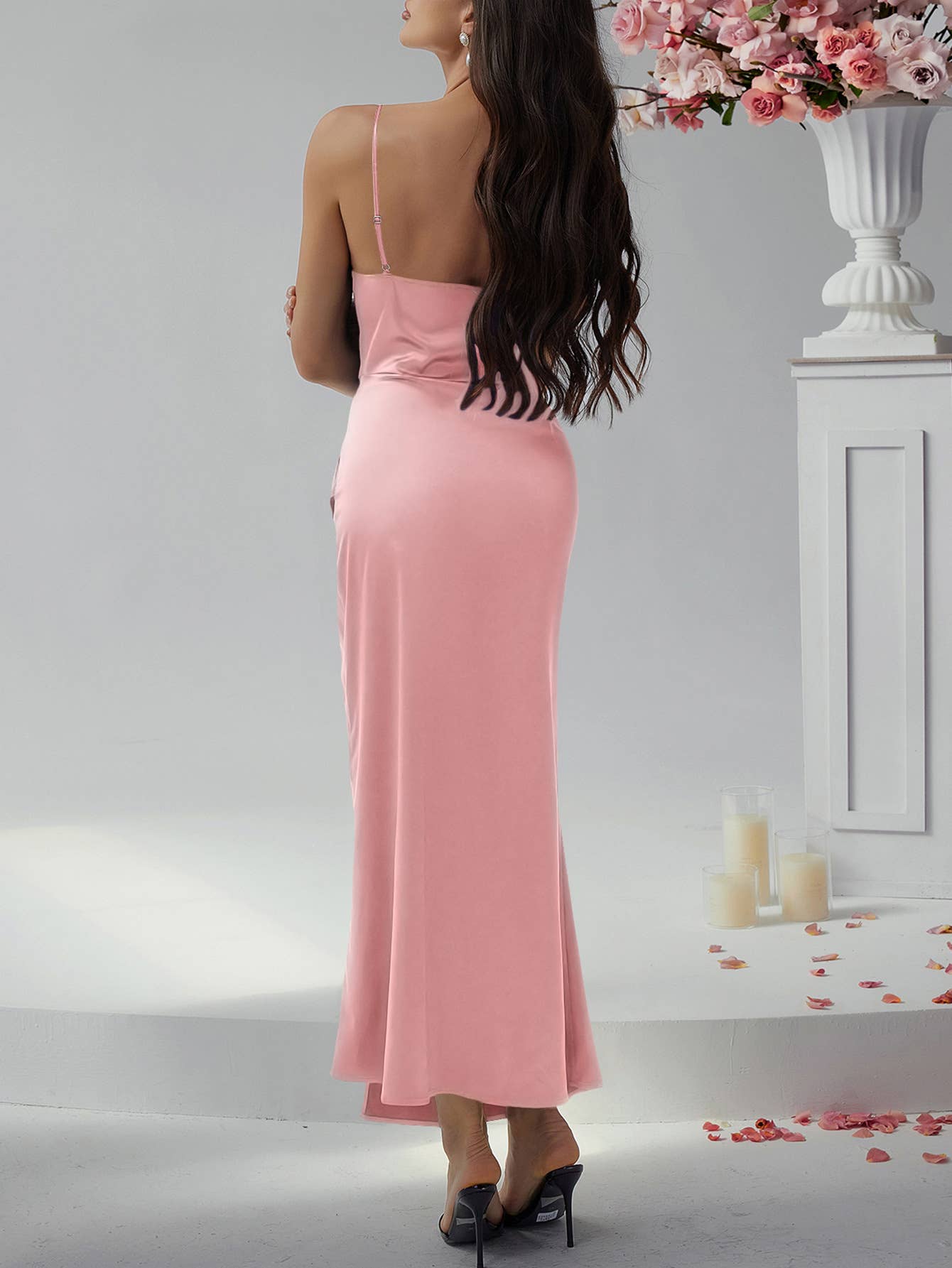 Sexy Satin Cowl Neck Bodycon Maxi Slip Dress